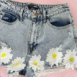 Fashion Nova Light Blue Jean Shorts with Daisy Details